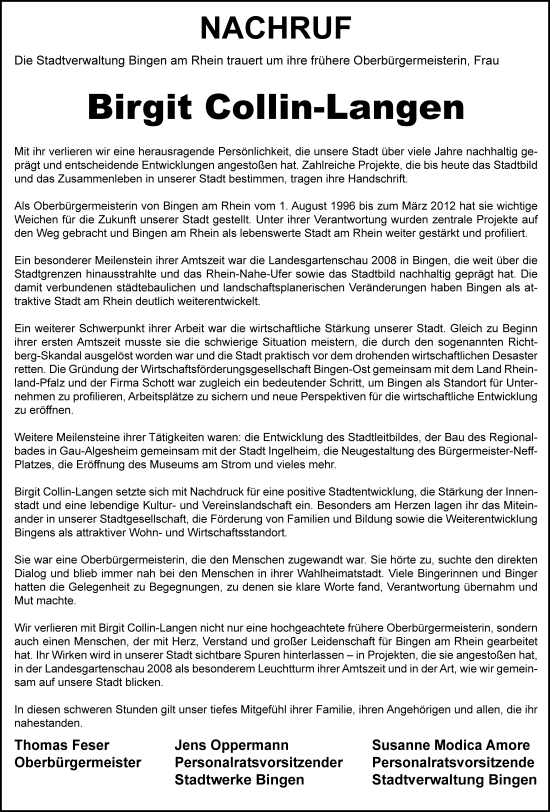 Traueranzeige von Birgit Collin-Langen von Allgemeine Zeitung Rheinhessen-Nahe