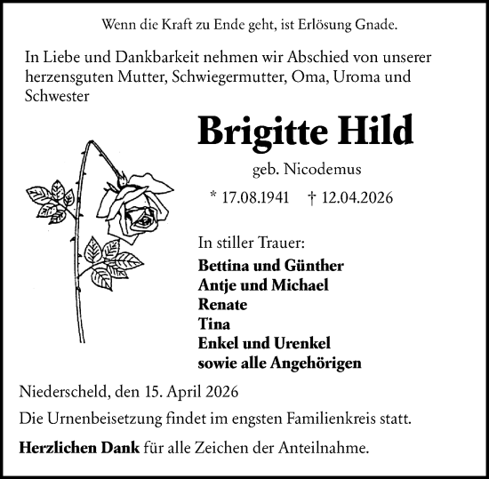 Traueranzeige von Brigitte Hild von Dill Block