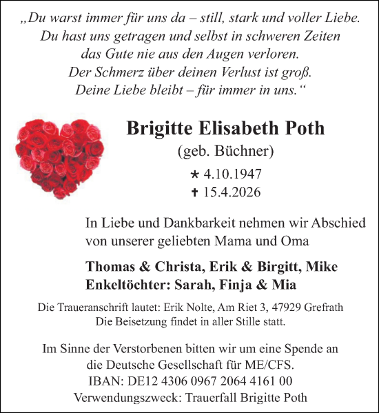 Traueranzeige von Brigitte Elisabeth Poth von Darmstädter Echo