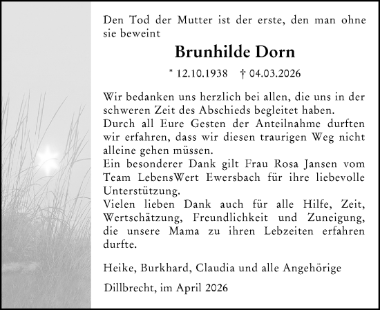 Traueranzeige von Brunhilde Dorn von Dill Block
