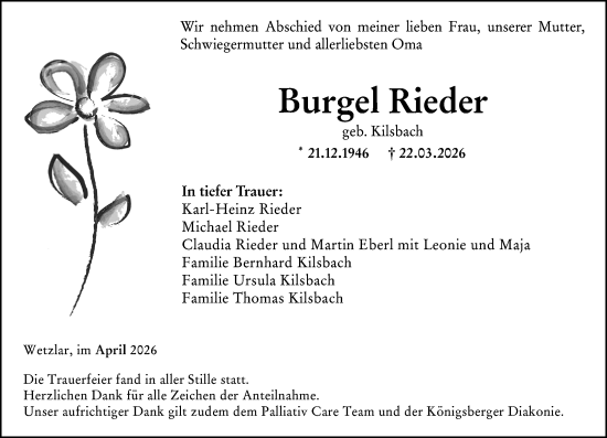 Traueranzeige von Burgel Rieder von Wetzlarer Neue Zeitung
