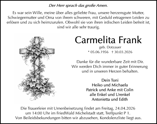 Traueranzeige von Carmelita Frank von Odenwälder Echo