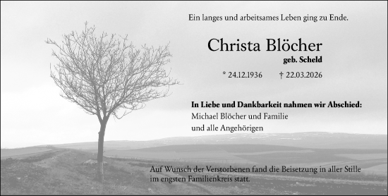 Traueranzeige von Christa Blöcher von Hinterländer Anzeiger