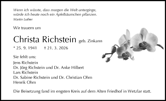 Traueranzeige von Christa Richstein von Wetzlarer Neue Zeitung