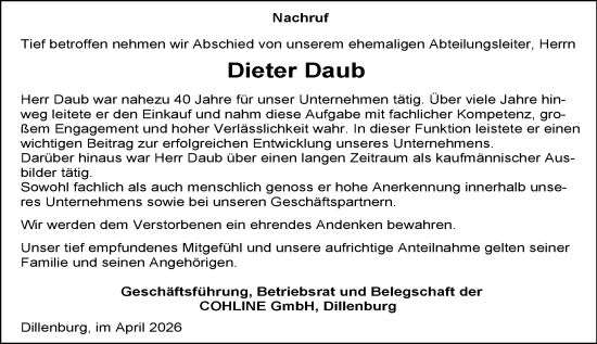 Traueranzeige von Dieter Daub von Dill Block