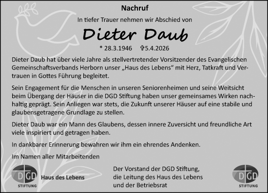 Traueranzeige von Dieter Daub von Dill Block