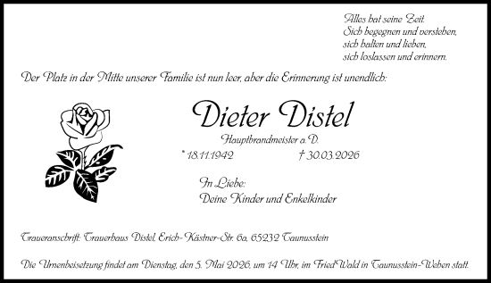 Traueranzeige von Dieter Distel von Wiesbadener Kurier