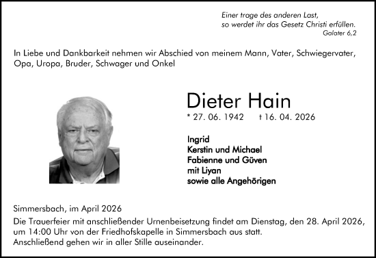 Traueranzeige von Dieter Hain von Dill Block
