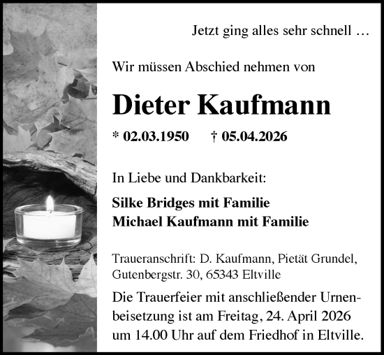 Traueranzeige von Dieter Kaufmann von Wiesbadener Kurier