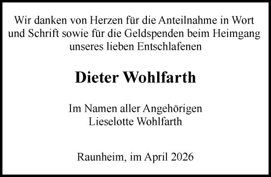 Traueranzeige von Dieter Wohlfarth von Rüsselsheimer Echo