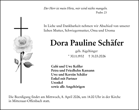 Traueranzeige von Dora Pauline Schäfer von Dill Block
