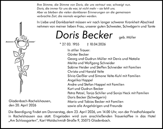 Traueranzeige von Doris Becker von Hinterländer Anzeiger