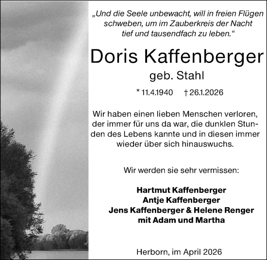 Traueranzeige von Doris Kaffenberger von Dill Block