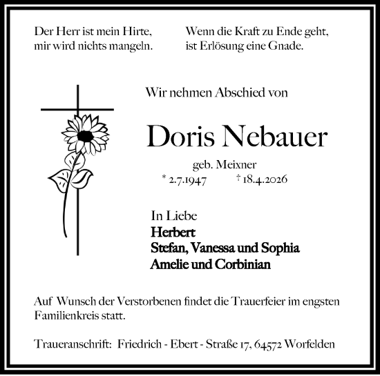 Traueranzeige von Doris Nebauer von Groß-Gerauer Echo