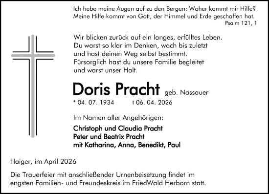 Traueranzeige von Doris Pracht von Dill Block