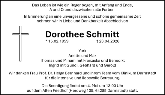 Traueranzeige von Dorothee Schmitt von Darmstädter Echo