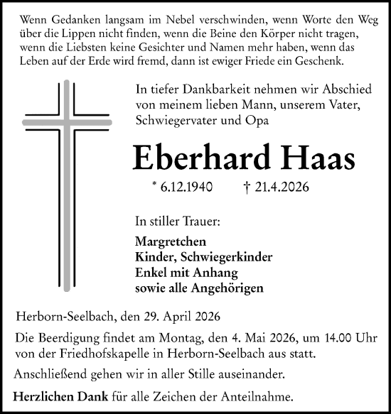 Traueranzeige von Eberhard Haas von Dill Block