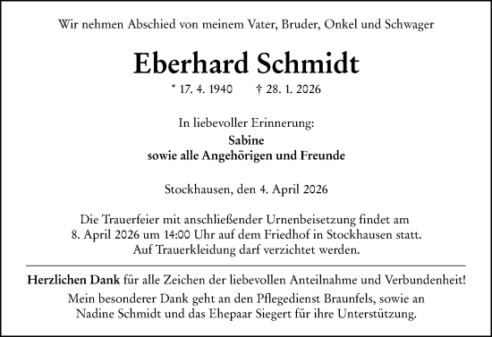 Traueranzeige von Eberhard Schmidt von Wetzlarer Neue Zeitung