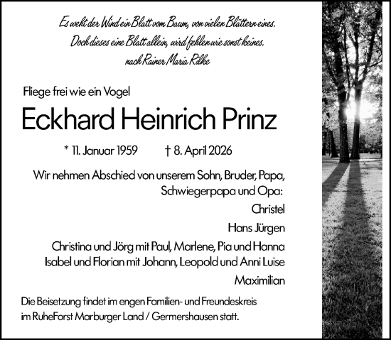 Traueranzeige von Eckhard Heinrich Prinz von Hinterländer Anzeiger