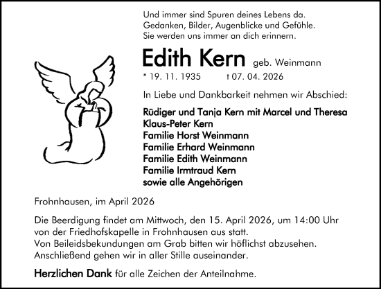 Traueranzeige von Edith Kern von Dill Block