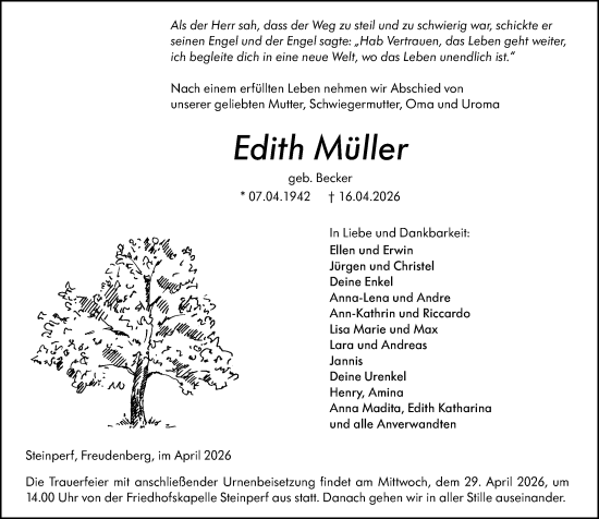 Traueranzeige von Edith Müller von Hinterländer Anzeiger