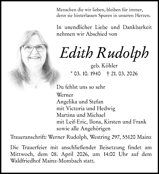 Traueranzeige von Edith Rudolph von Allgemeine Zeitung Mainz