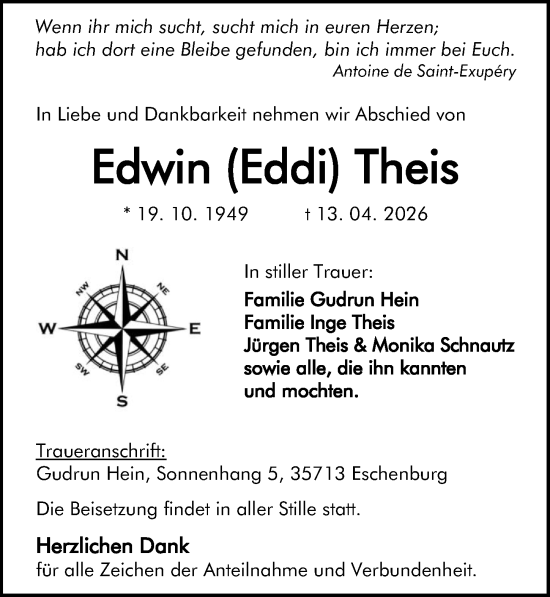 Traueranzeige von Edwin Theis von Dill Block