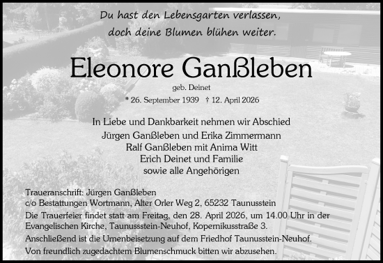 Traueranzeige von Eleonore Ganßleben von Rheingau-Taunus-Kreis Wochenblatt