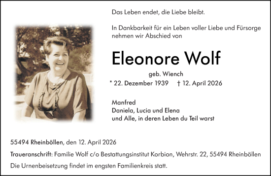 Traueranzeige von Eleonore Wolf von Wiesbadener Kurier