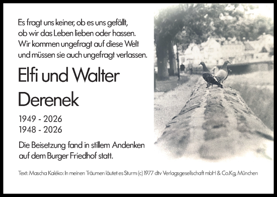 Traueranzeige von Elfi Derenek von Dill Block
