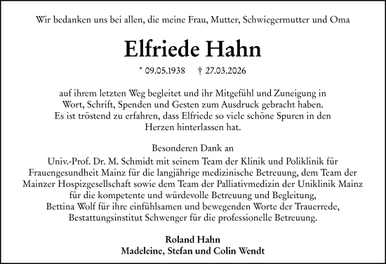 Traueranzeige von Elfriede Hahn von Allgemeine Zeitung Mainz
