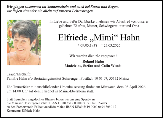 Traueranzeige von Elfriede Hahn von Allgemeine Zeitung Mainz