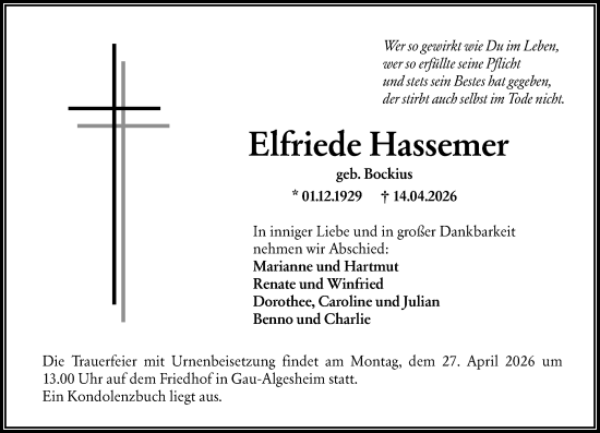 Traueranzeige von Elfriede Hassemer von Allgemeine Zeitung Rheinhessen-Nahe