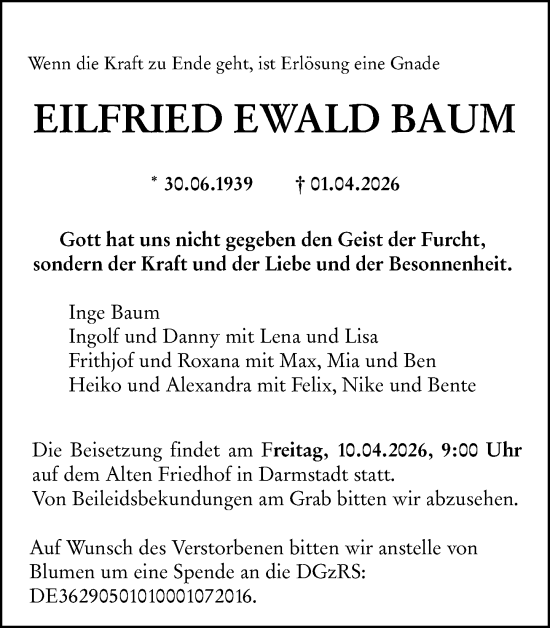 Traueranzeige von Elfried Ewald Baum von Darmstädter Echo