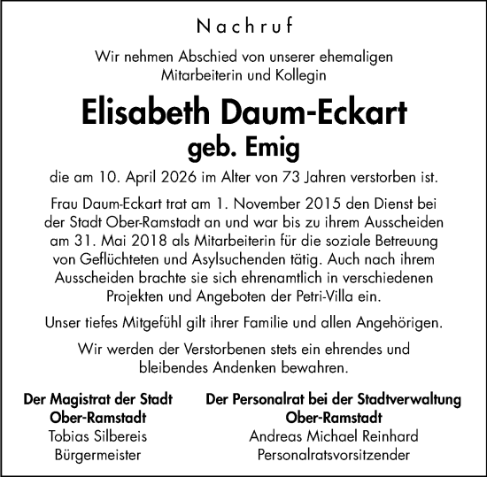 Traueranzeige von Elisabeth Daum-Eckart von Darmstädter Echo
