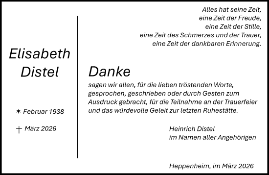 Traueranzeige von Elisabeth Distel von Starkenburger Echo