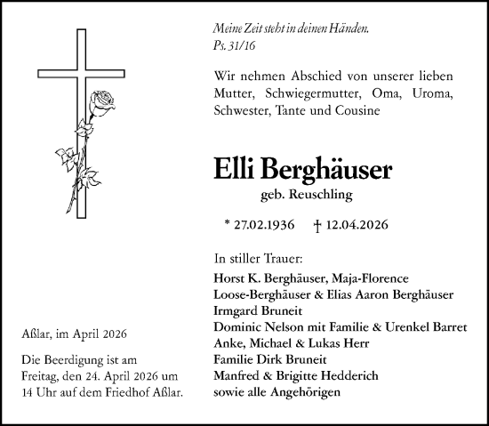Traueranzeige von Elli Berghäuser von Wetzlarer Neue Zeitung