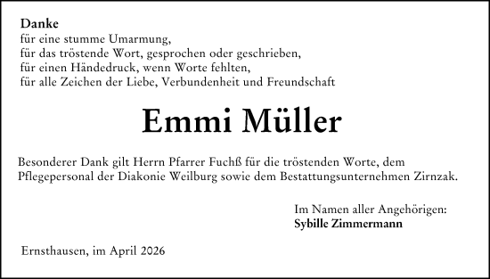 Traueranzeige von Emmi Müller von Weilburger Tageblatt