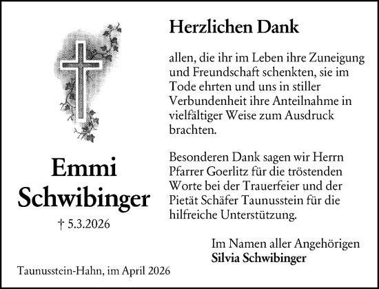 Traueranzeige von Emmi Schwibinger von Idsteiner Land/Untertaunus