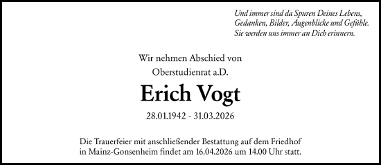 Traueranzeige von Erich Vogt von Allgemeine Zeitung Mainz