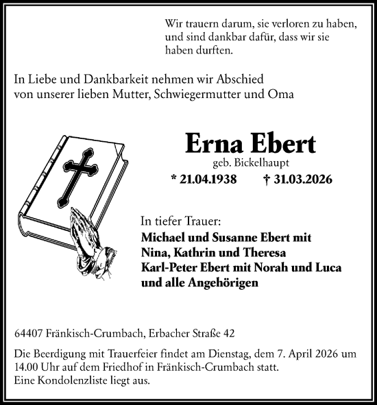 Traueranzeige von Erna Ebert von Odenwälder Echo