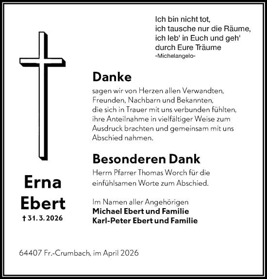 Traueranzeige von Erna Ebert von Odenwälder Echo