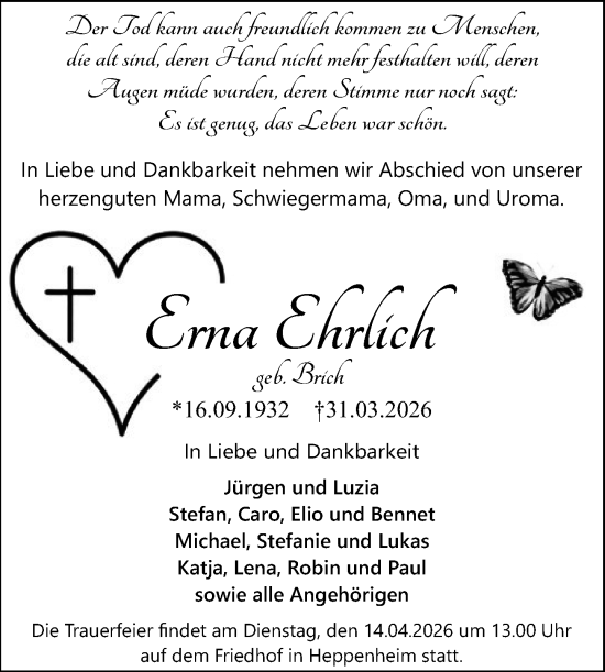 Traueranzeige von Erna Ehrlich von Starkenburger Echo