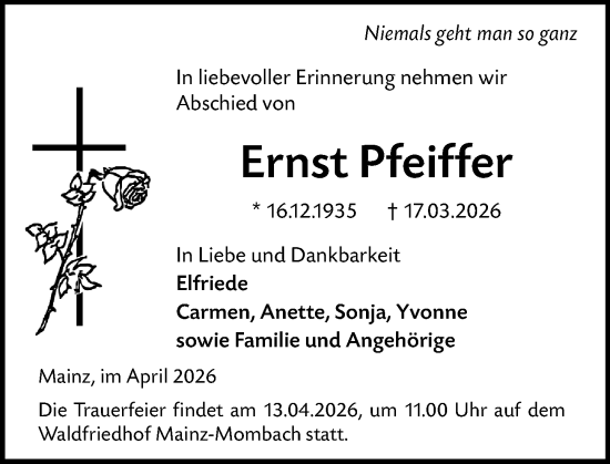 Traueranzeige von Ernst Pfeiffer von Allgemeine Zeitung Mainz