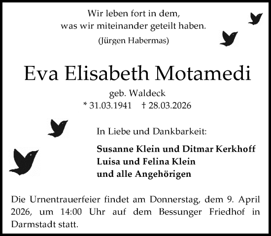 Traueranzeige von Eva Elisabeth Motamedi von Darmstädter Echo