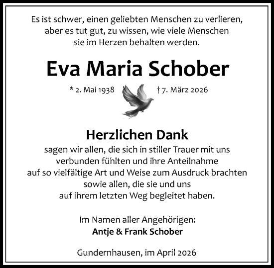 Traueranzeige von Eva Maria Schober von Dieburger Anzeiger/Groß-Zimmerner Lokal-Anzeiger