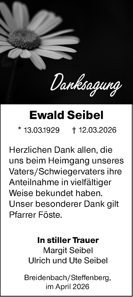 Traueranzeige von Ewald Seibel von Hinterländer Anzeiger