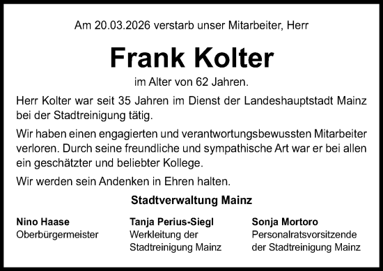 Traueranzeige von Frank Kolter von Allgemeine Zeitung Mainz