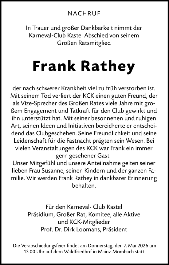 Traueranzeige von Frank Rathey von Allgemeine Zeitung Mainz