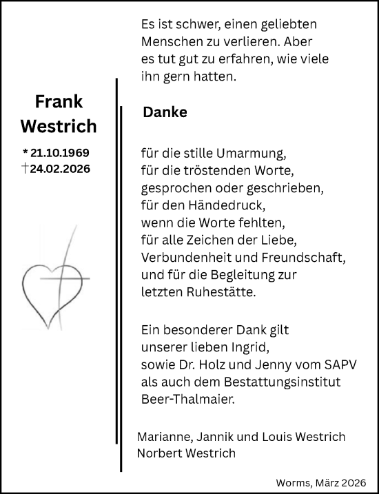 Traueranzeige von Frank Westrich von Wormser Zeitung